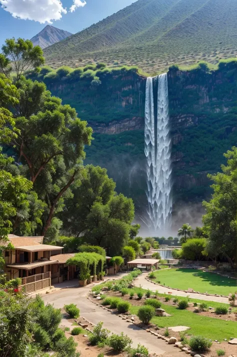 a mountain with uneven greentree and a mixture of water falls, ponds and a long sight of houses with a beautiful and bigger houses and a garden in it and cars and pools etc, a down water flowing fall ,a little bit of  sun rays into it , domestic animals wh...