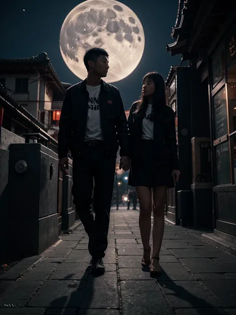 A girl and a Chinese man holding hands under the moon 🌑