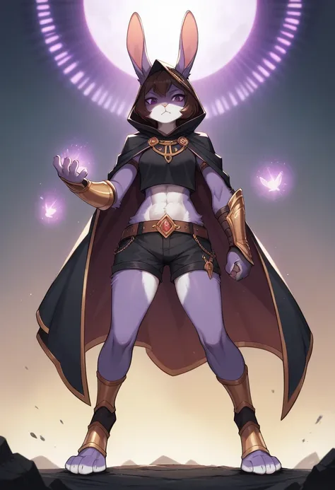 create a picture of a female half rabbit character  with purple giant rabbit digitigrade legs with white paws, put purple rabbit ears on top of her head, make her wearing a royal looking black cloak with golden accents and black shorts with golden accents ...