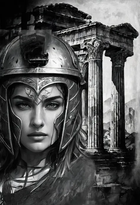 arafed image of a woman wearing a helmet and armor., digital painting greek myth, greek goddess athena, ancient ruins behind her...