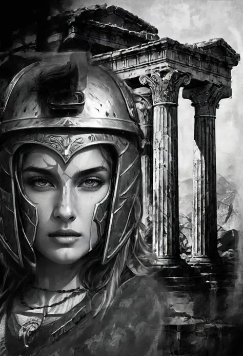 arafed image of a woman wearing a helmet and armor., digital painting greek myth, greek goddess athena, ancient ruins behind her...