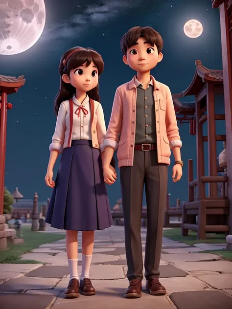 A girl and a Chinese man holding hands under the moon 🌑