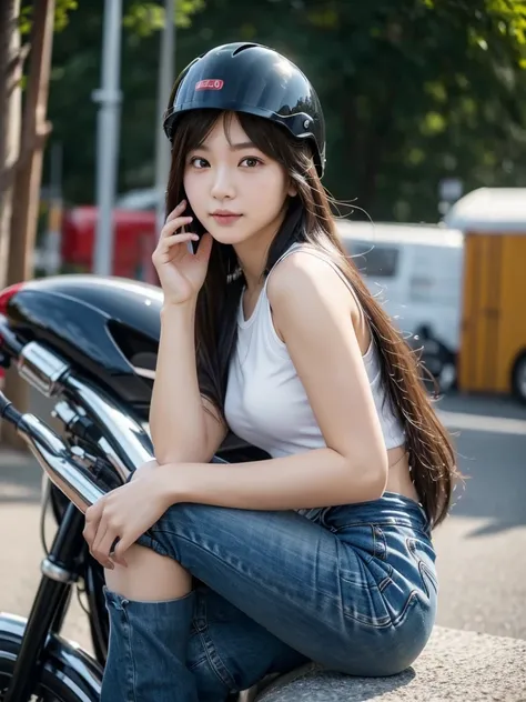 One motorcycle、parking、(Highest quality)、((Very detailed))、4K、(8K)、masterpiece、Very detailedな、Highest quality、Super Resolution、1 person、Kind Face、Soft Light、RAW quality、Soft Skin、163cm、30 years old、Long Hair、woman、Have a helmet、Waist、foot