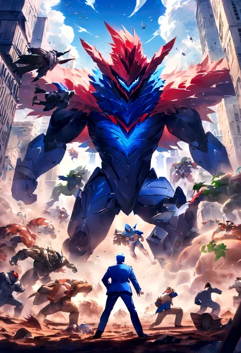 Giant monsters made of dirt destroy a city, Aliens fight monsters, Broken robots on the ground, A man in a blue suit escaped, Monster in the center of the image, Lying down image, Flying laying hens, best qualityer.