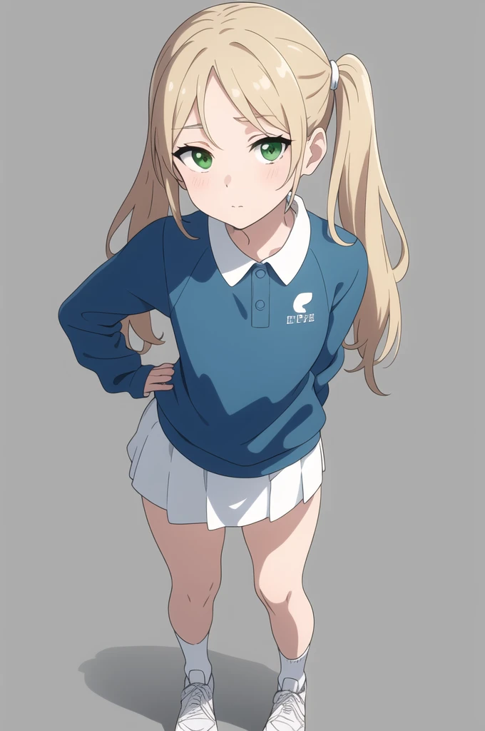 8K, best quality, masterpiece, (ultra-detailed:1.1), (high detailed skin), 
(full body:1.2), white background, standing, looking at viewer, 独奏, hand on hip, 
fll, twintails, 1girl，Brown side ponytail，Green eyes，Uniforms，Sportswear，Blue and white sweatshirt...