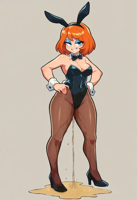 (1girl, solo) bunny girl, strapless leotard, black leotard, wrist cuffs, bowtie, medium hair, orange hair, bangs, pantyhose, high heels,stiletto heels, hands on hips, smile, bedroom eyes, full body, ((wetting self, pee stains, puddle)), cameltoe, blue eyes...