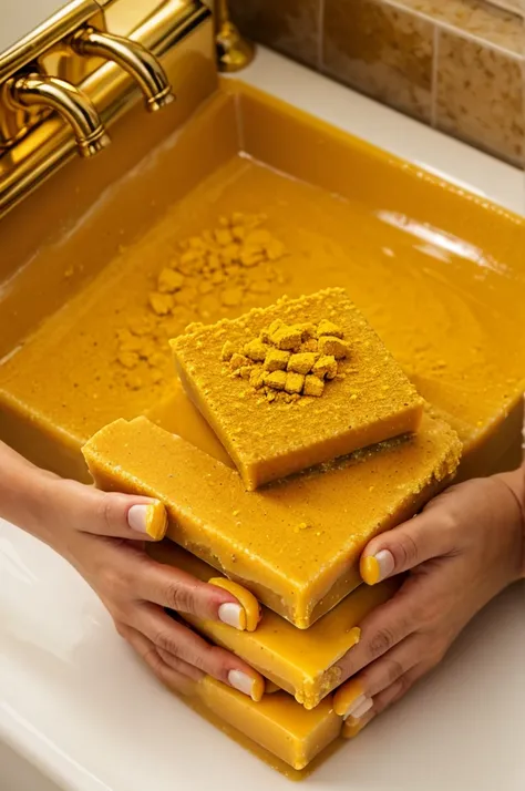 Close-up of hands using the Turmeric soap in a luxurious bathroom setting