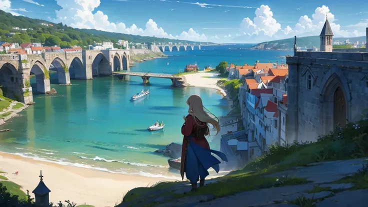 Anime Style,Nostalgic,Detailed background,The medieval world,Seaside,Beautiful sky,Beautiful Elf with a Bard&#39;s Smile,guitar,Large Breasts,Healthy thighs