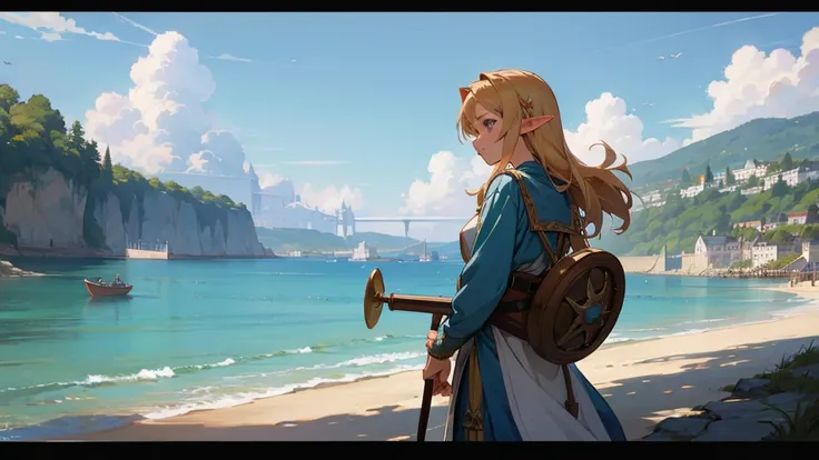 Anime Style,Nostalgic,Detailed background,The medieval world,Seaside,Beautiful sky,Beautiful Elf with a Bard&#39;s Smile,guitar,Large Breasts,Healthy thighs