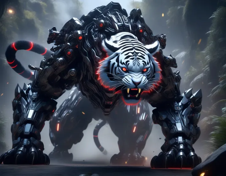 ((Masterpiece)), ((Best Quality)), (Very Detailed), ((Very Detailed)), 4K, (8K), very aesthetic, absurdres highres, "A realistic depiction of a futuristic robotic tiger fighting in the wilderness. This tigers design combines organic elements with advanced ...