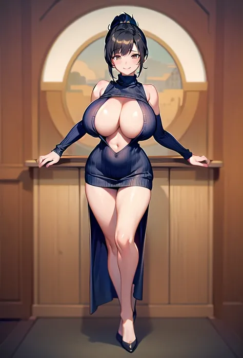 masterpiece, Highest quality, One girl, short ponytail、black hair、virgin killer sweater, (sweater dress:1.2), ribbed sweater,sideboob,cleavage cutout, turtleneck sweater,(broen sweater:1.3),(crop top navel:0.8)、sleeveless,gentle smile、Very sexy、full body,f...