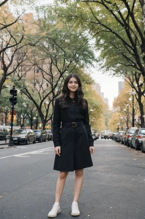 her name is Annie, high quality, 1girl, ((20-year-old fit Caucasian woman)), ((20 years old)), ((fit)) black long hair, pose: standing, wearing pastel colored unique g gen Z modern wear, BACKGROUND: Lived in the heartbeat of New York City, with its iconic ...