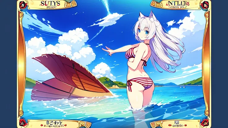 (Masterpiece), (High quality anime illustration), (Super definition), A girl, Alone, Beautiful silver hair girl, anime change, cat ear , , emphasis on the thigh, Striped bikini, SMILE, buttocks, buttocks Up, Back, South Island Sea, water, Tarot Card Wind