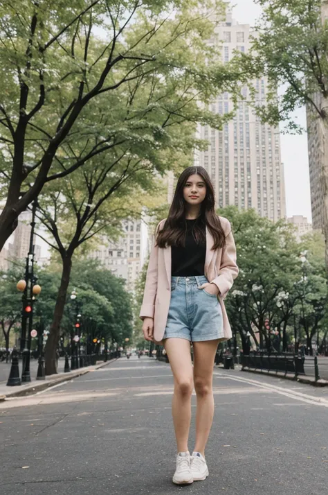 her name is Annie, high quality, 1girl, ((20-year-old fit Caucasian woman)), ((20 years old)), ((fit)) black long hair, pose: standing, wearing pastel colored unique g gen Z modern wear, BACKGROUND: Lived in the heartbeat of New York City, with its iconic ...