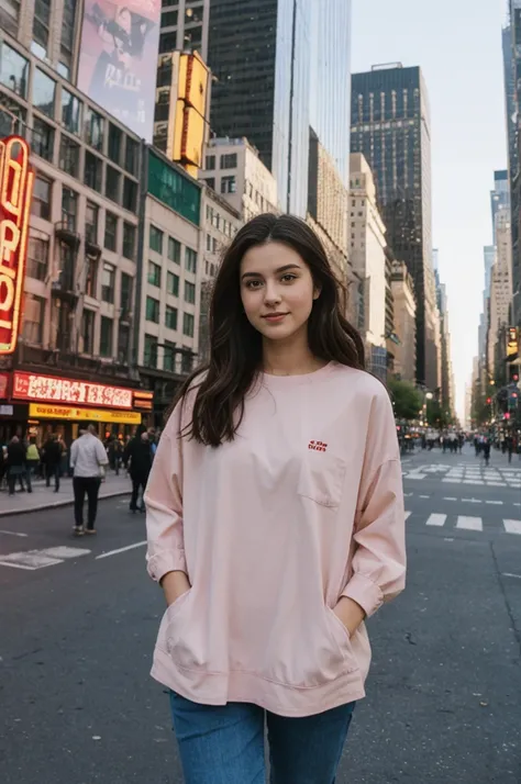 her name is Annie, high quality, 1girl, ((20-year-old fit Caucasian woman)), ((20 years old)), ((fit)) black long hair, pose: standing, wearing pastel colored unique g gen Z modern wear, BACKGROUND: Lived in the heartbeat of New York City, with its iconic ...