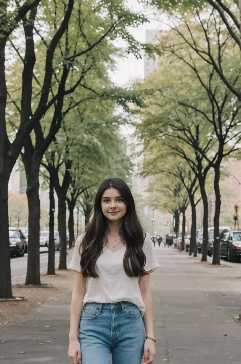 her name is Annie, high quality, 1girl, ((20-year-old fit Caucasian woman)), ((20 years old)), ((fit)) black long hair, pose: standing, wearing pastel colored unique g gen Z modern wear, BACKGROUND: Lived in the heartbeat of New York City, with its iconic ...