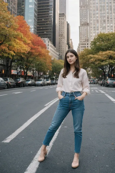 her name is Annie, high quality, 1girl, ((20-year-old fit Caucasian woman)), ((20 years old)), ((fit)) black long hair, pose: standing, wearing pastel colored unique g gen Z modern wear, BACKGROUND: Lived in the heartbeat of New York City, with its iconic ...