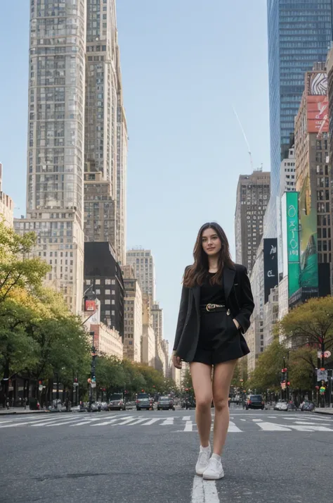 her name is Annie, high quality, 1girl, ((20-year-old fit Caucasian woman)), ((20 years old)), ((fit)) black long hair, pose: standing, wearing pastel colored unique g gen Z modern wear, BACKGROUND: Lived in the heartbeat of New York City, with its iconic ...