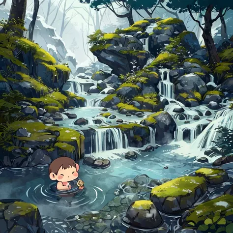 A beautiful chibi bathing in onsen, cheers jags, snow covered rock formation, humid outdoor onsen environment, highly detailed, photorealistic, 8k, masterpiece, intricate details, realistic water simulation, steam rising, mossy rocks, warm lighting, natura...