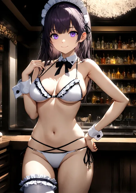 ((32k)), ((best quality)), ((ultra high res)), ((HDR)), ((UHD)), ((extremely detailed CG)), ((unity 32k wallpaper)), (((18 years old))), 1 girl, closed mouth, standing, purple eyes, swimsuit, bikini, thighs, cowboy shot, frills, indoors, hand up, stomach, ...