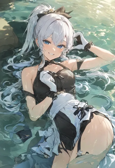 Masterpiece, best quality, newest, 1girl, lying in water, white hair, blue eyes, ponytail, wet hair, smile, gloves, love gesture 