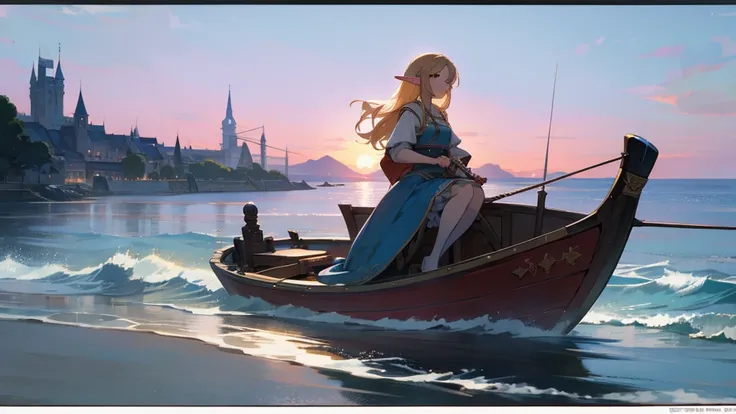 Anime Style,Nostalgic,Detailed background,The medieval world,Seaside,Beautiful sky,Beautiful Elf with a Bard&#39;s Smile,guitar,Large Breasts,Healthy thighs