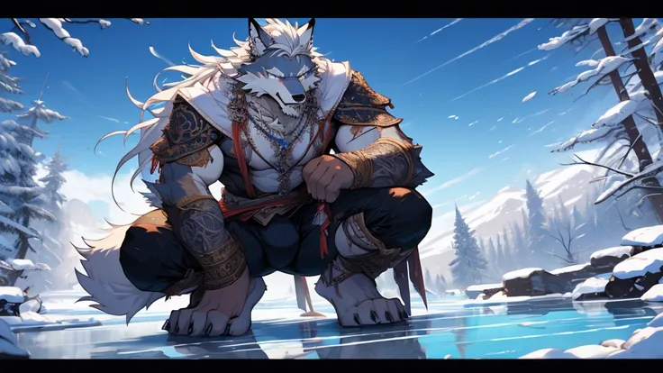 (masterpiece),(highres),(intricate details:1.4),extremely detailed,(illustration:1.2),8k,photorealistic,exquisite,solo,aged,elder male wolf,muscular,swordsman,manhood ,safeguard,(white hair:1.3),long hair,long white beard,scar,badly damaged,hurt,broken bod...