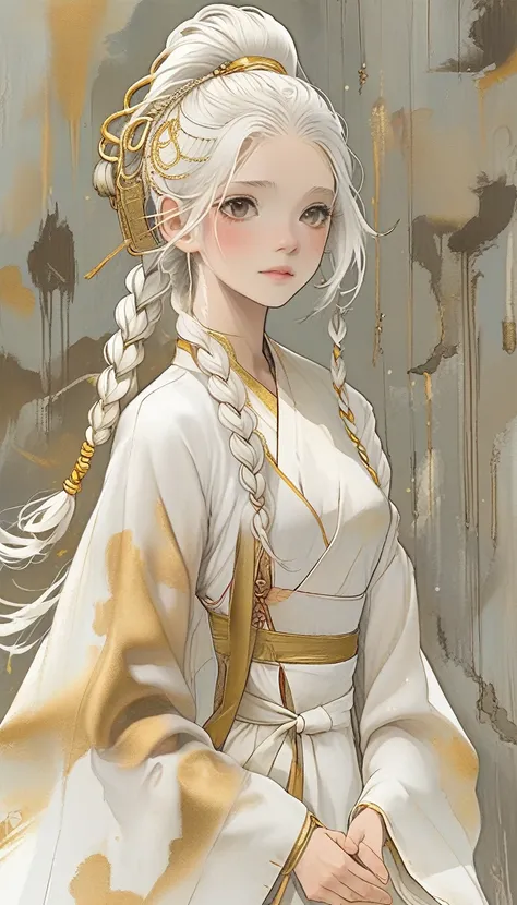 best quality, masterpiece,white hair, gold eyes,white clothes, looking up, upper body,hair strand,Fair skin,side braids