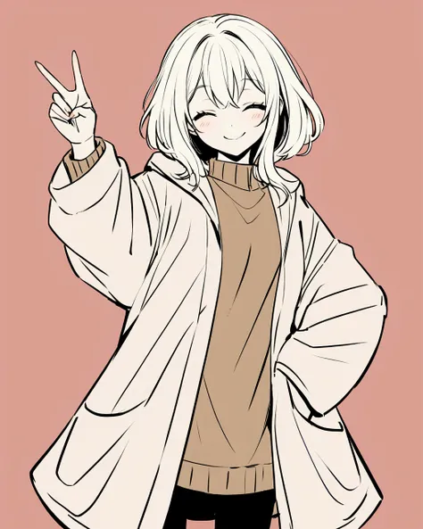 "Create an anime-style illustration of a cheerful girl with short, light-colored hair. She is smiling widely with her eyes closed, giving a peace sign with one hand. The girl is wearing an oversized jacket in neutral tones, and a light-colored turtleneck u...