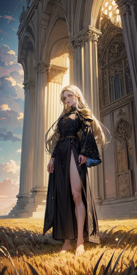 stunning painting of a knight with blonde hair, wheat field, epic clouds ((painterly)) ((impressionist)) vibrant, soft edges (((warm glow))) full body whole body view from below 1sologirl, feet together