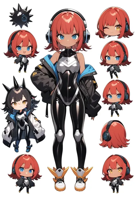 full body,1 girl,(cute:1.3),short, spiky, red Hair, left eye yellow, right eye blue, tan skin, freckles,｛White breastplate, Black futuristic headphones, Mechanical black glossy metallic Bodysuit, Bare shoulders, oversized jacket, Glossy, shiny material,chi...