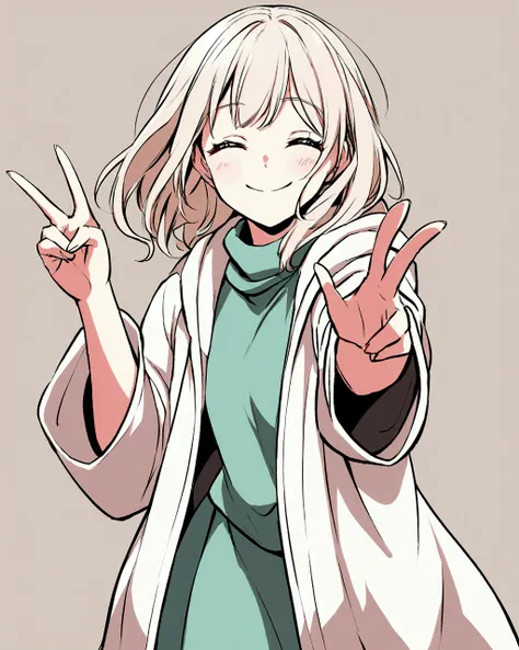 "Create an anime-style illustration of a cheerful girl with short, light-colored hair. She is smiling widely with her eyes closed, giving a peace sign with one hand. The girl is wearing an oversized jacket in neutral tones, and a light-colored turtleneck u...