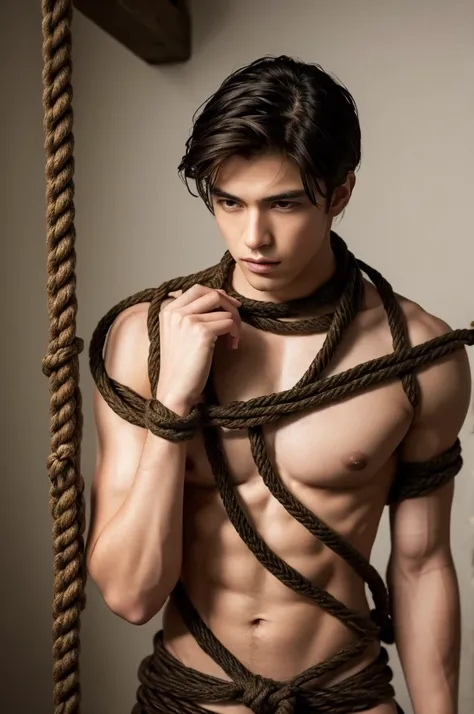 A young handsome man is tied up with rope and cannot move his whole body.