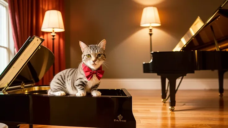 (Highest quality: 1.4),　High resolution,　8K,　Anime chic,　Cozy jazz cafe with dim and warm lighting,　A sophisticated cat wearing a tiny fedora and bow tie sits at a grand piano、Playing jazz music,　The cat&#39;s paws move gracefully across the keyboard.、Eyes...