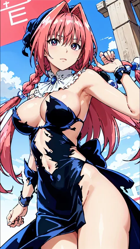 masterpiece, Highest quality,High resolution,Dorothy, Pink Hair、Black eyes、Large pupil、Braid, Black Dress、Cowboy Shot、Line art、Pencil drawing、 fully exposed、Torn Dress、NSFW、Outdoors