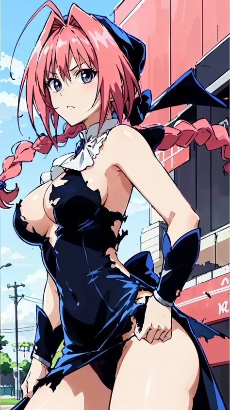 masterpiece, Highest quality,High resolution,Dorothy, Pink Hair、Black eyes、Large pupil、Braid, Black Dress、Cowboy Shot、Line art、Pencil drawing、 fully exposed、Torn Dress、NSFW、Outdoors