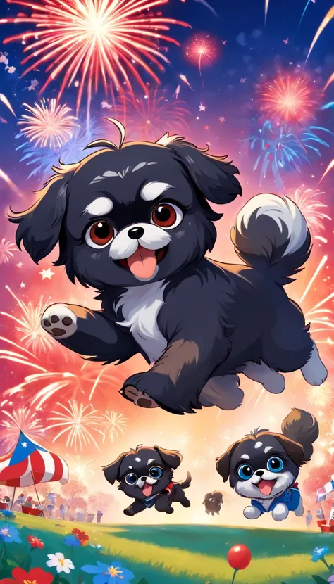 2 Adorable small happy black Shih Tzu puppies chasing paws out wearing sunglasses fourth of July picnic fireworks red white and blue background Pixar 3D cartoon
