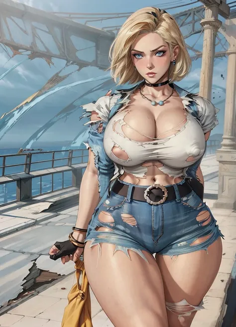 best quality, high definition, and18, 1girl, Android 18, solo, blonde hair, blue eyes, belt, jeans, pearl_necklace, bracelet, black gloves, cleavage, white shirt, short hair, short sleeves, earrings, blue pants, open vest, black vest, big breasts, wide hip...