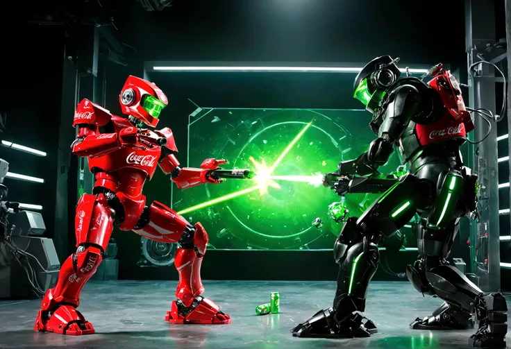 a futuristic battle between Coca-Cola and Mountain Dew robots, highly detailed, epic space battle, Coca-Cola red and white robots battling Mountain Dew green and black samurai robots, rocket thrusters, dynamic poses, mechanical details, volumetric lighting...