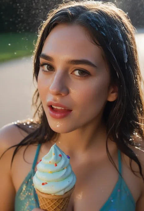 Dynamic High Angle shot, close-up shot, best quality, Super detailed, finely, High resolution, 8k wallpaper, ((( cinematic film looks))), a british girl wearing night dress, she is licking a ice cream cone, tight breasts, wet long colorful hair, (soaking w...