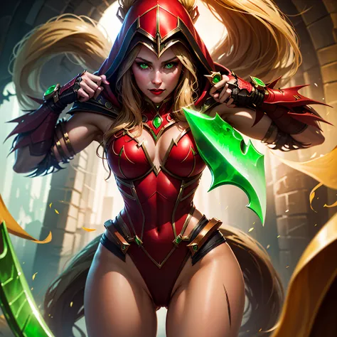 1girl, cowboy shot of beautiful ladyvaleera, hood on, red leotard, cameltoe, holding daggers, green dagger, weapon, looking at v...