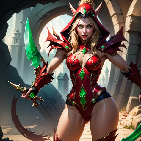 1girl, cowboy shot of beautiful ladyvaleera, hood on, red leotard, cameltoe, holding daggers, green dagger, weapon, looking at v...