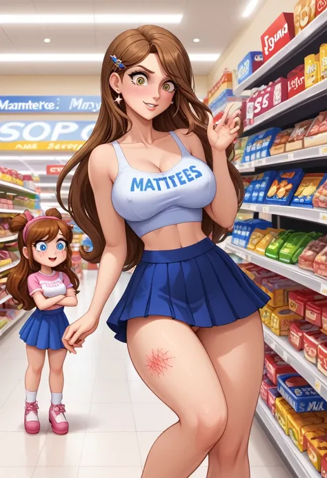 A most Beauty mother-in-law　tiny height, ,　shopping　Supermarket　brown Hair　long hair　girly hairpin　White knitted crop top　((Mother and kiddaughter have the most beautiful breasts)),　micromini skirt　, broken home, gangs, (masterpiece), best quality, express...