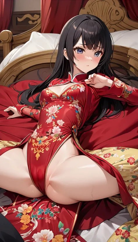 A tragic historical drama in 8k live-action style: Beautiful palace secrets　Beautiful Chinese Kung Fu Princess with long black hair has very intense sex with old Emperor　Gorgeous embroidery, Ultra glossy, She is wearing a shiny red top and bottom long slee...