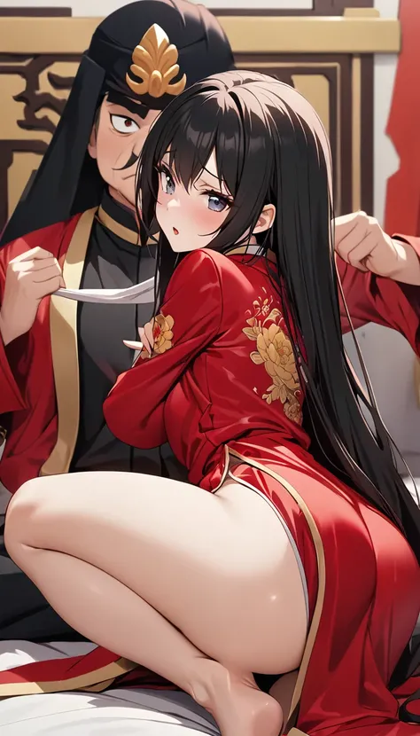 A tragic historical drama in 8k live-action style: Beautiful palace secrets　Beautiful Chinese Kung Fu Princess with long black hair has very intense sex with old Emperor　Gorgeous embroidery, Ultra glossy, She is wearing a shiny red top and bottom long slee...