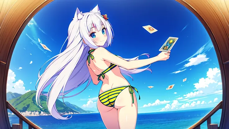 (Masterpiece), (High quality anime illustration), (Super definition), A girl, Alone, Beautiful silver hair girl, anime change, cat ear , , emphasis on the thigh, Striped bikini, SMILE, buttocks, buttocks Up, Back, South Island Sea, water, Tarot Card Wind