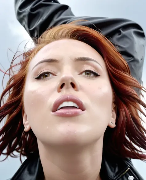 1 girl. Scarlett Johanson. Red hair. Black jacket. Neckline. Sweating. Perspiration. Wet. Orgasm face. Open mouth. Looking to the camera. Cloudy sky. Looking down. Low angle. At chest height. ((View from below))