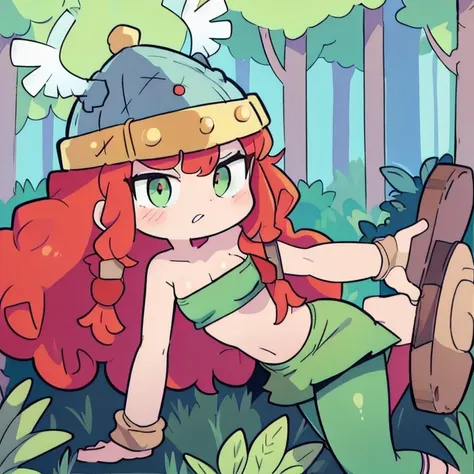 (barbara,  long hair, red hair, helmet, green skirt, green tube top, curly hair, at a forest