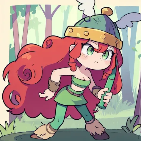 (barbara,  long hair, red hair, helmet, green skirt, green tube top, curly hair, at a forest