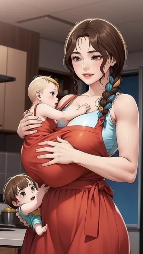 anime colored,sweater,apron,gigantic breasts,(Holding a baby:1.5),Smile,((house wife)),baby